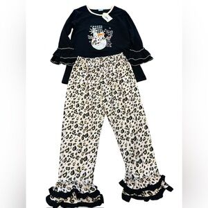 Girls Boutique Snowman Outfit Black Ruffle Top Leopard Pants Set Size 4X NWT